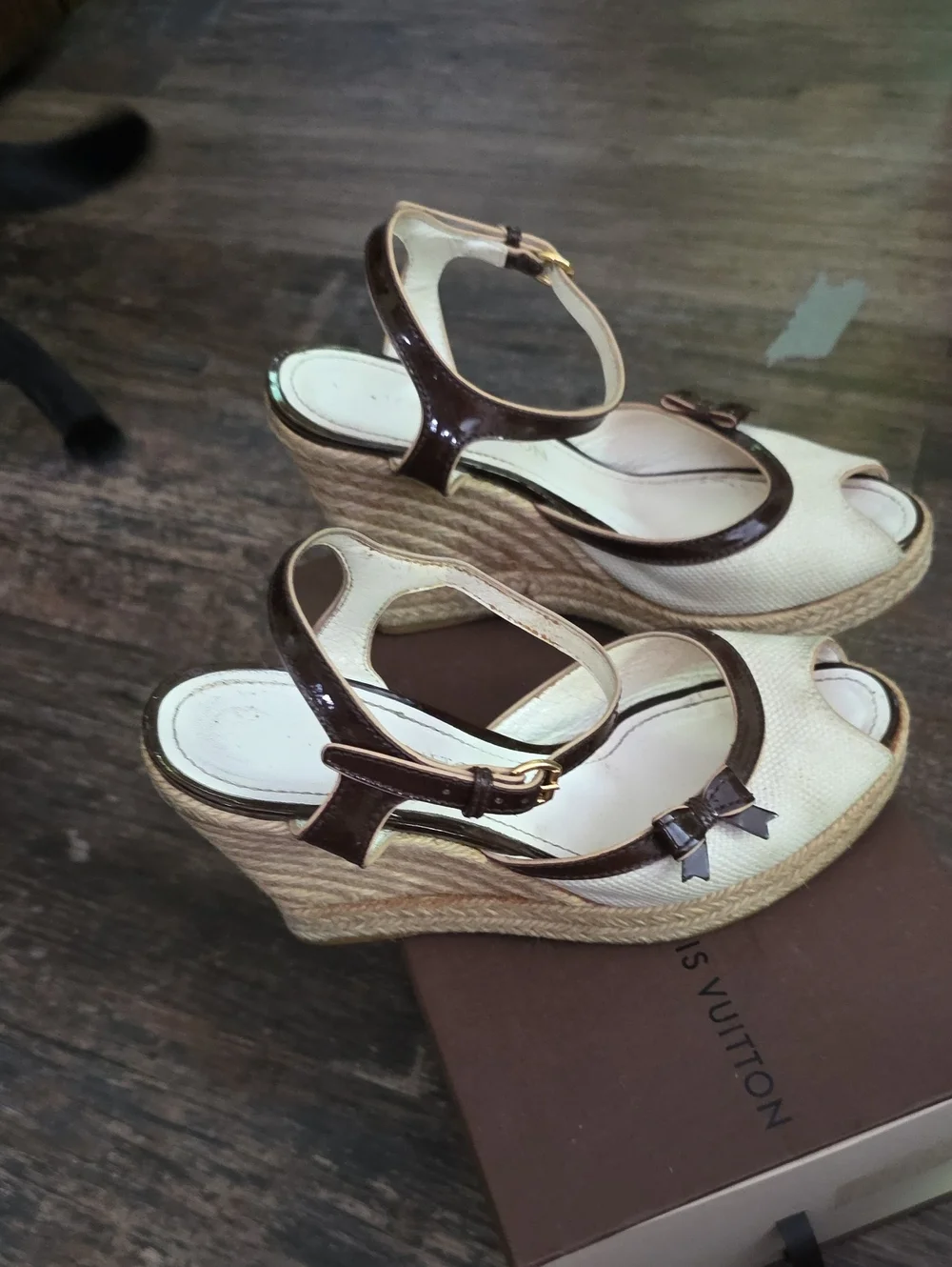 Louis Vuitton Cream and Brown Peep-Toe Wedge Sandals Size 38 - Picture 6 of 11